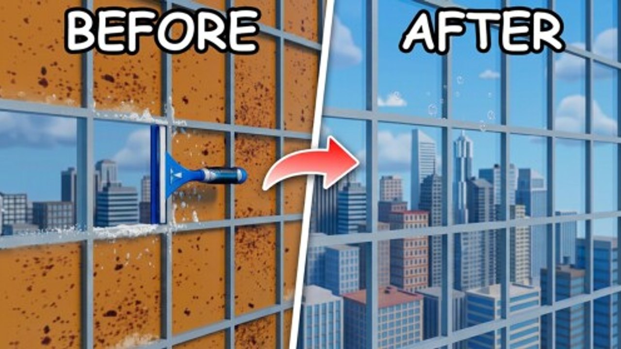 Close-up of a dirty window grid and facade panes waiting to be cleaned in Wash The Skyscraper.